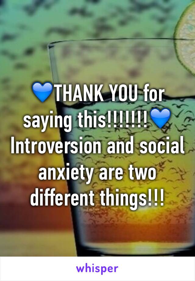 💙THANK YOU for  saying this!!!!!!!💙
Introversion and social anxiety are two different things!!!