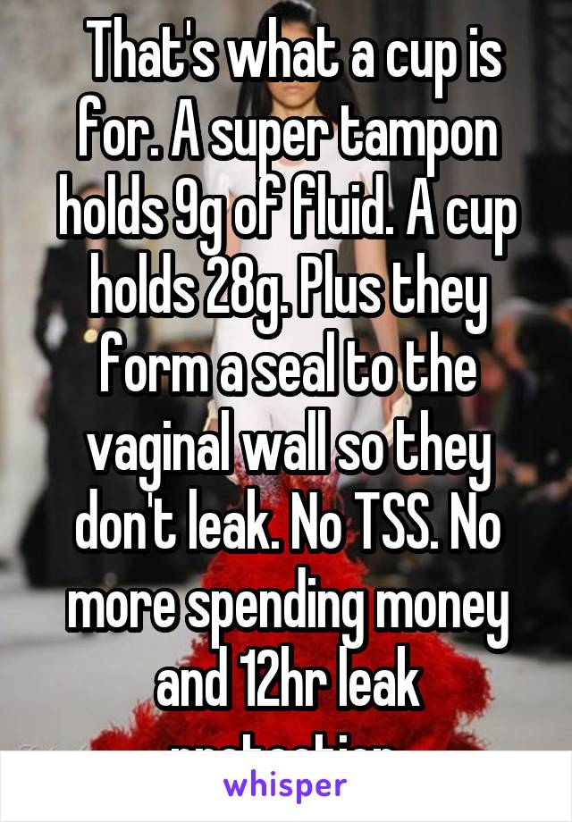  That's what a cup is for. A super tampon holds 9g of fluid. A cup holds 28g. Plus they form a seal to the vaginal wall so they don't leak. No TSS. No more spending money and 12hr leak protection 