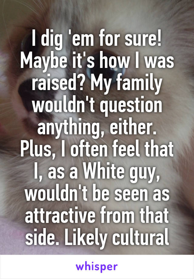 I dig 'em for sure!
Maybe it's how I was raised? My family wouldn't question anything, either.
Plus, I often feel that I, as a White guy, wouldn't be seen as attractive from that side. Likely cultural