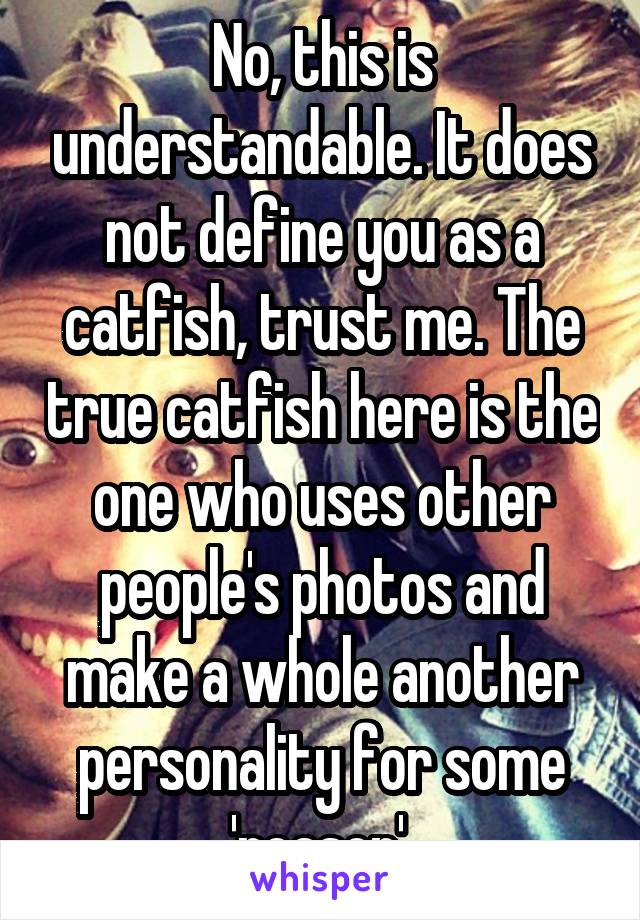 No, this is understandable. It does not define you as a catfish, trust me. The true catfish here is the one who uses other people's photos and make a whole another personality for some 'reason'.