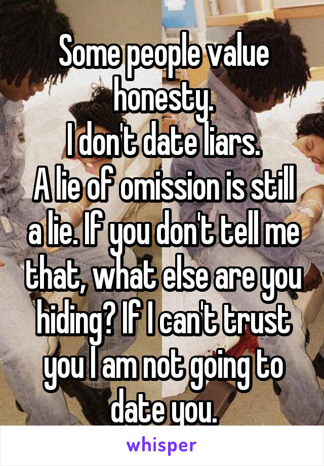 Some people value honesty.
I don't date liars.
A lie of omission is still a lie. If you don't tell me that, what else are you hiding? If I can't trust you I am not going to date you.