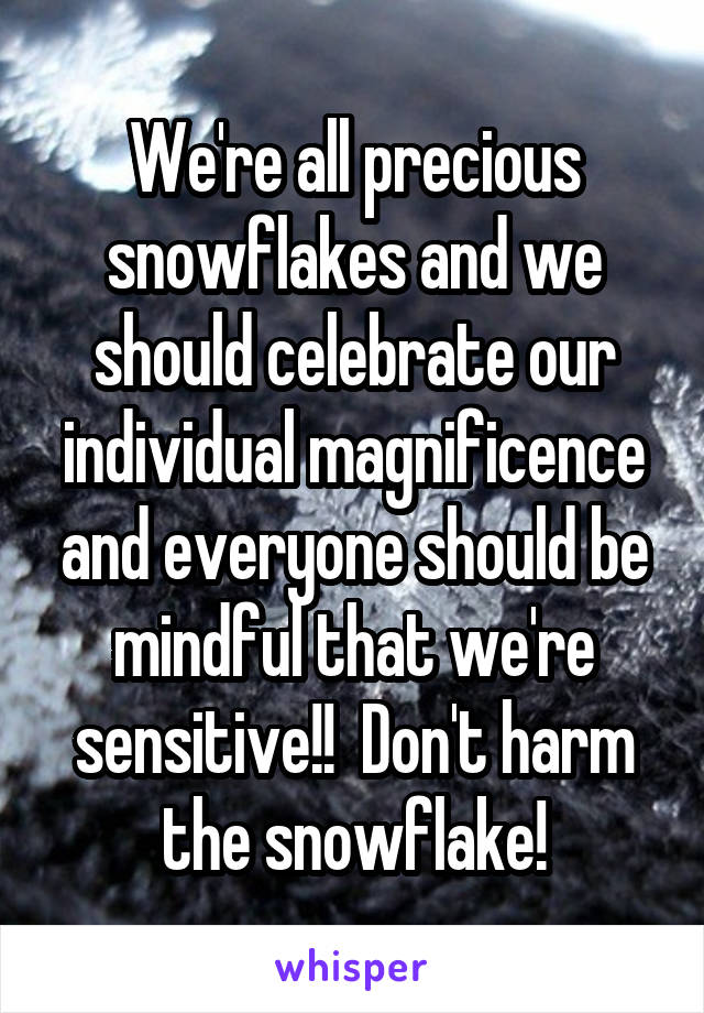 We're all precious snowflakes and we should celebrate our individual magnificence and everyone should be mindful that we're sensitive!!  Don't harm the snowflake!