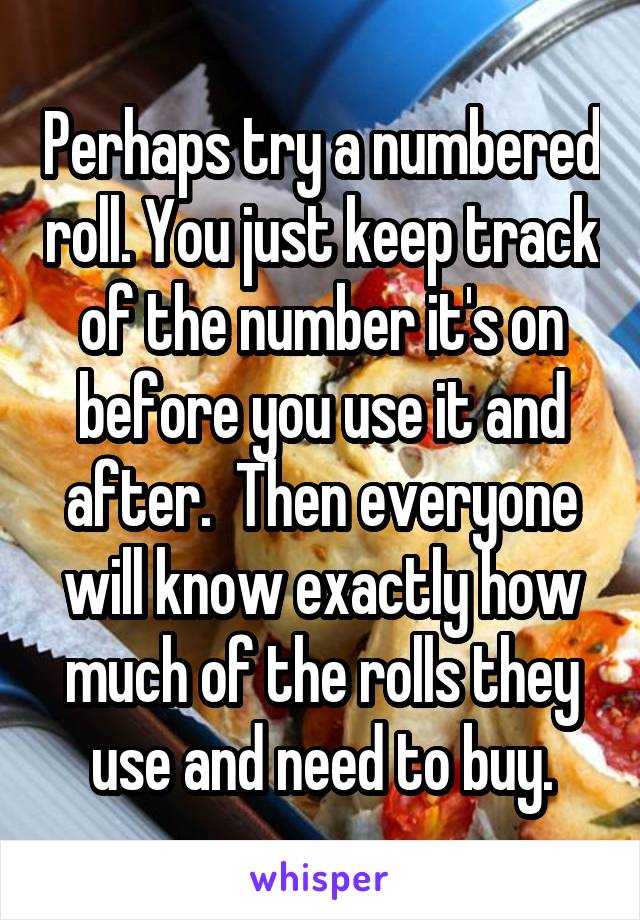 Perhaps try a numbered roll. You just keep track of the number it's on before you use it and after.  Then everyone will know exactly how much of the rolls they use and need to buy.
