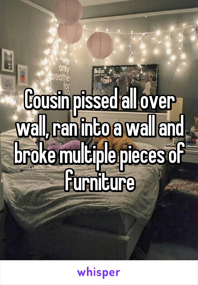 Cousin pissed all over wall, ran into a wall and broke multiple pieces of furniture