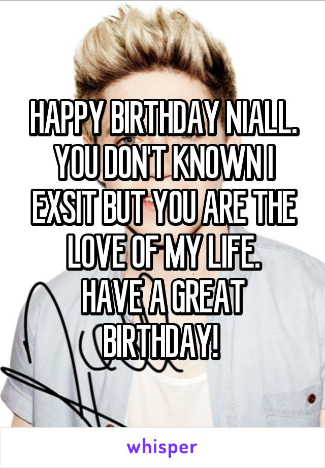 HAPPY BIRTHDAY NIALL.
YOU DON'T KNOWN I EXSIT BUT YOU ARE THE LOVE OF MY LIFE.
HAVE A GREAT BIRTHDAY! 