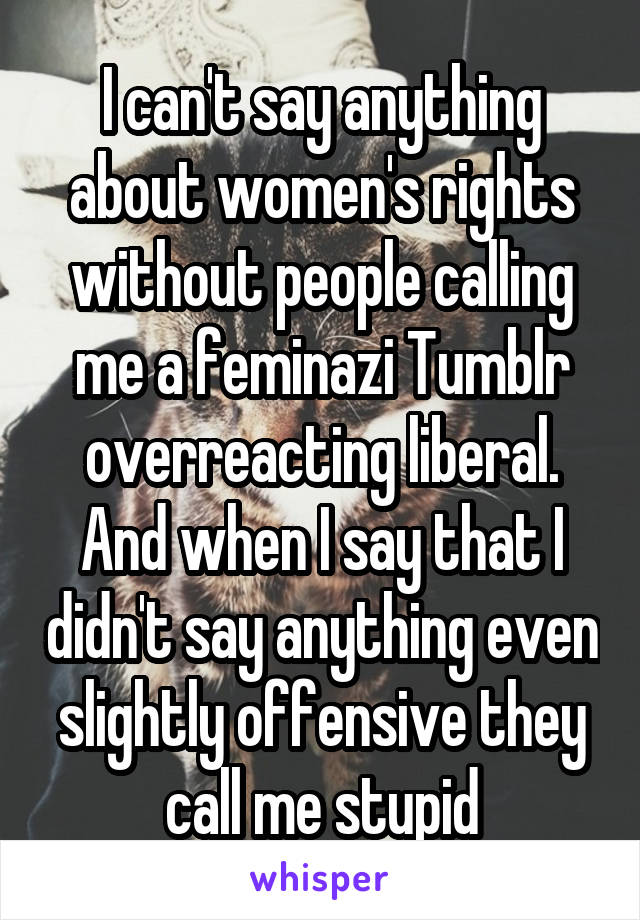 I can't say anything about women's rights without people calling me a feminazi Tumblr overreacting liberal. And when I say that I didn't say anything even slightly offensive they call me stupid