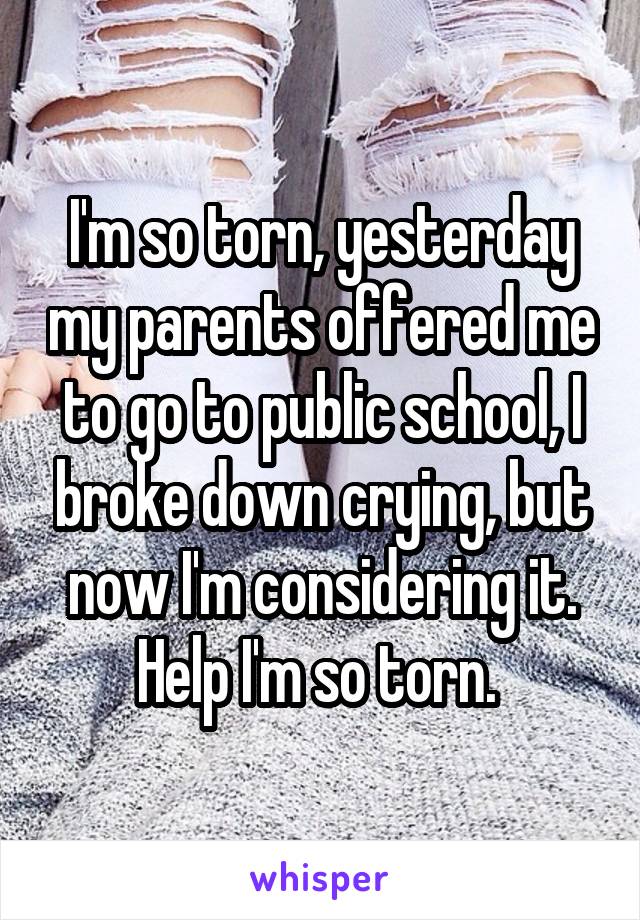 I'm so torn, yesterday my parents offered me to go to public school, I broke down crying, but now I'm considering it. Help I'm so torn. 