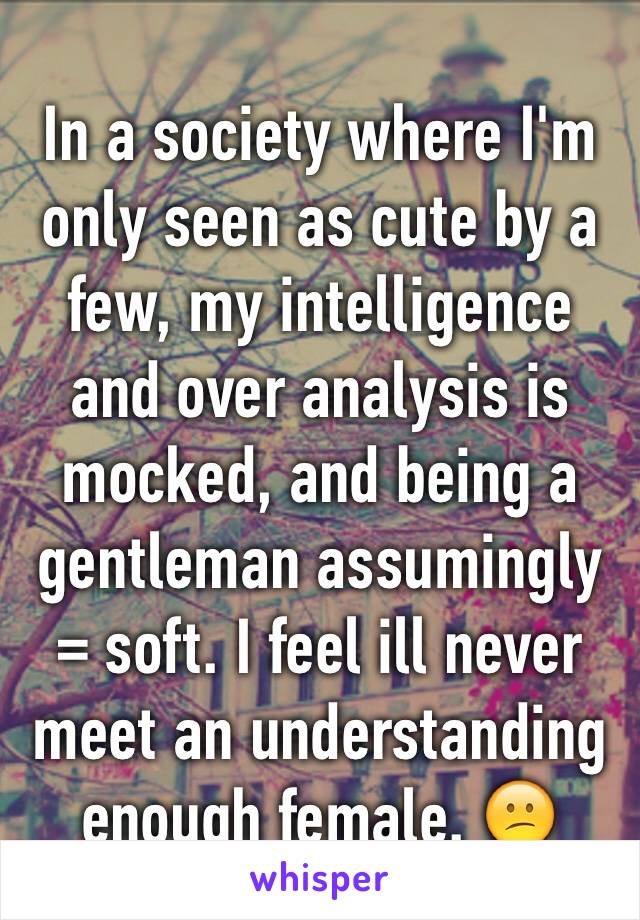 In a society where I'm only seen as cute by a few, my intelligence and over analysis is mocked, and being a gentleman assumingly = soft. I feel ill never meet an understanding enough female. 😕
