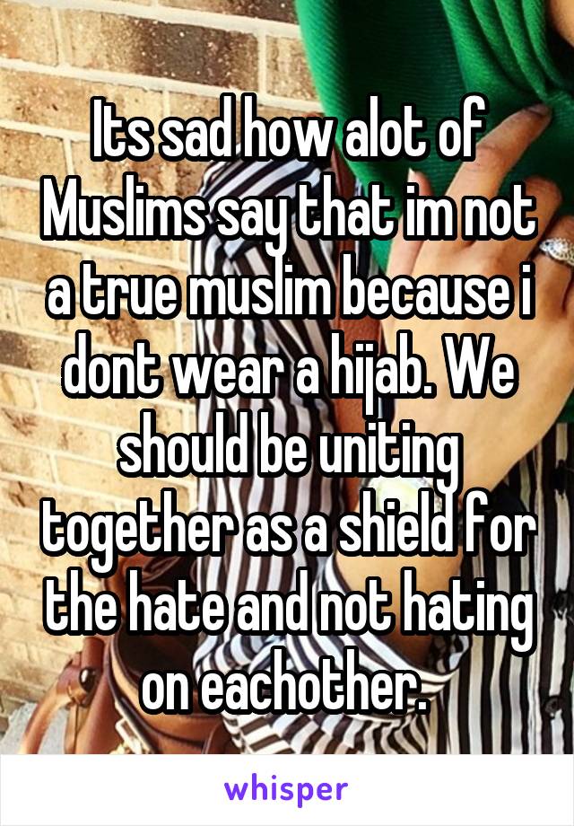 Its sad how alot of Muslims say that im not a true muslim because i dont wear a hijab. We should be uniting together as a shield for the hate and not hating on eachother. 