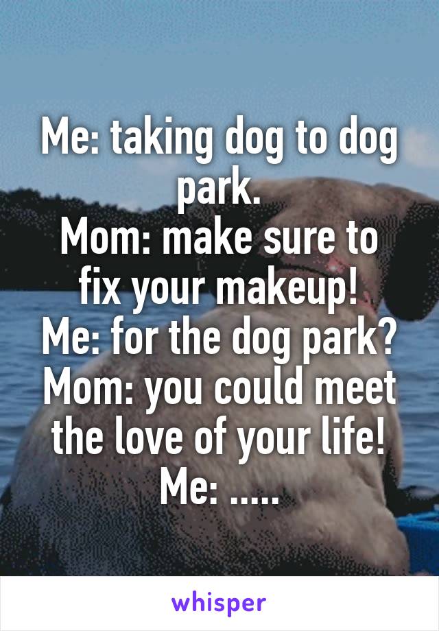 Me: taking dog to dog park.
Mom: make sure to fix your makeup!
Me: for the dog park?
Mom: you could meet the love of your life!
Me: .....