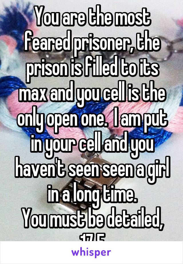 You are the most feared prisoner, the prison is filled to its max and you cell is the only open one.  I am put in your cell and you haven't seen seen a girl in a long time.
You must be detailed, 17 F