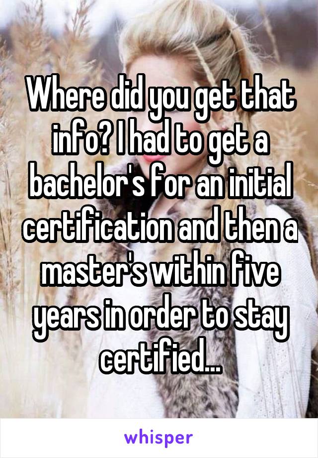 Where did you get that info? I had to get a bachelor's for an initial certification and then a master's within five years in order to stay certified...