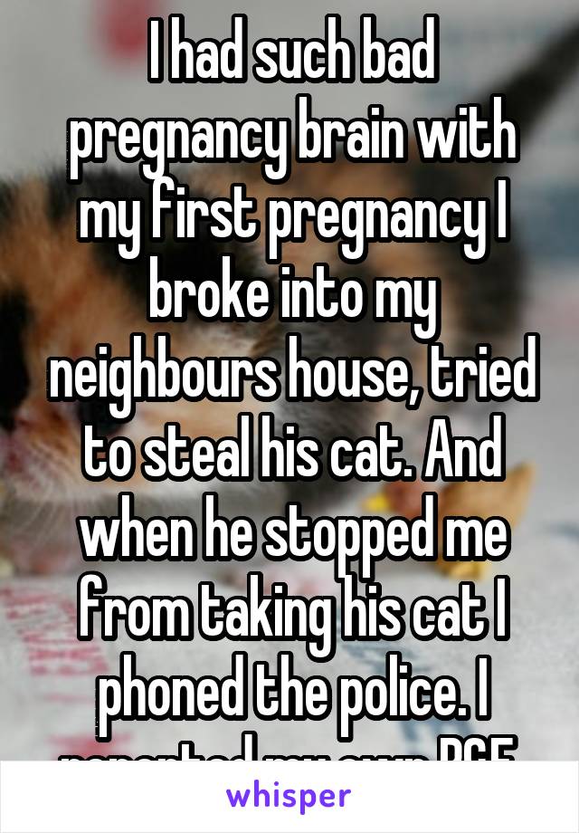 I had such bad pregnancy brain with my first pregnancy I broke into my neighbours house, tried to steal his cat. And when he stopped me from taking his cat I phoned the police. I reported my own B&E 
