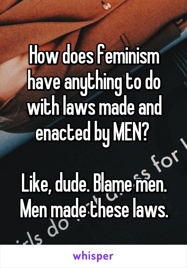 How does feminism have anything to do with laws made and enacted by MEN? 

Like, dude. Blame men. Men made these laws.