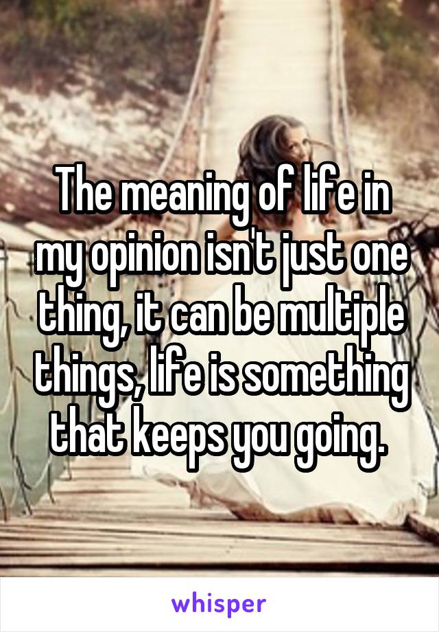 The meaning of life in my opinion isn't just one thing, it can be multiple things, life is something that keeps you going. 
