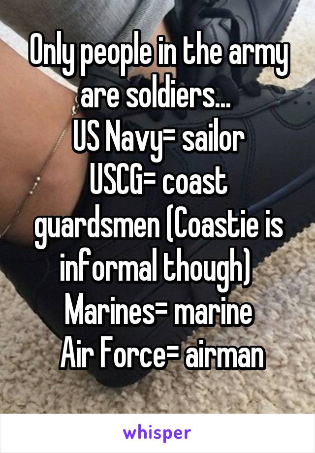 Only people in the army are soldiers... 
US Navy= sailor
USCG= coast guardsmen (Coastie is informal though) 
Marines= marine
 Air Force= airman

