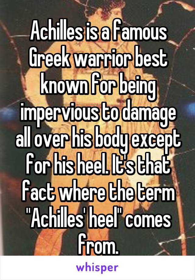 Achilles is a famous Greek warrior best known for being impervious to damage all over his body except for his heel. It's that fact where the term "Achilles' heel" comes from.