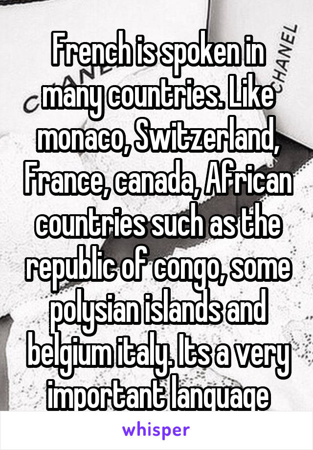 French is spoken in many countries. Like monaco, Switzerland, France, canada, African countries such as the republic of congo, some polysian islands and belgium italy. Its a very important language