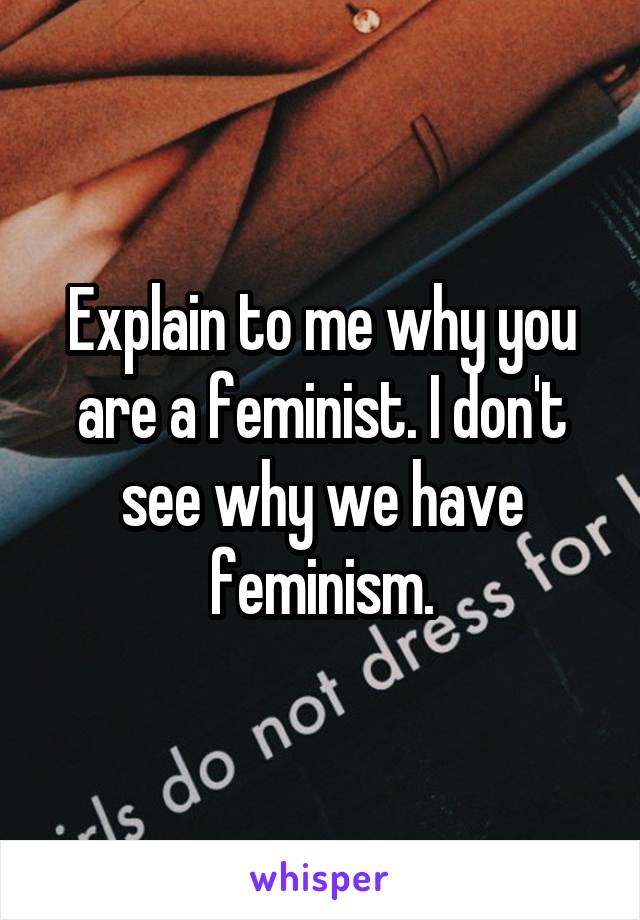 Explain to me why you are a feminist. I don't see why we have feminism.