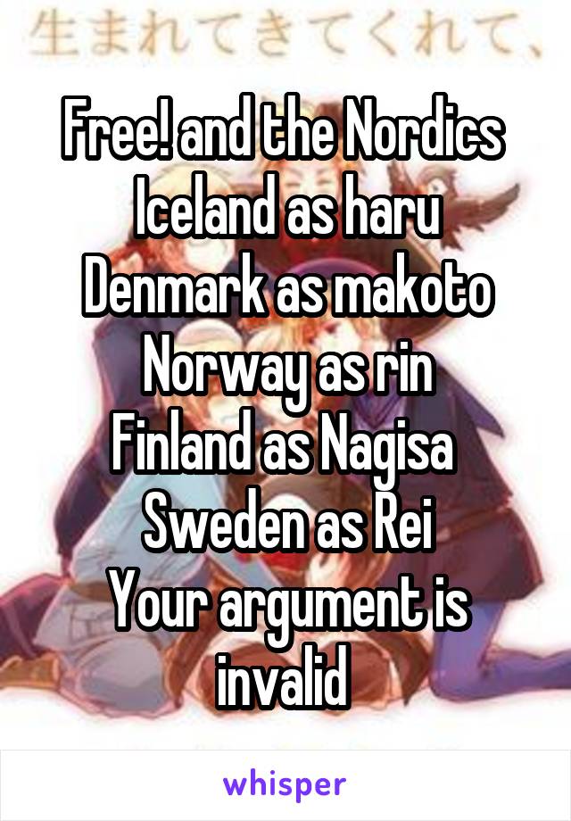 Free! and the Nordics 
Iceland as haru
Denmark as makoto
Norway as rin
Finland as Nagisa 
Sweden as Rei
Your argument is invalid 