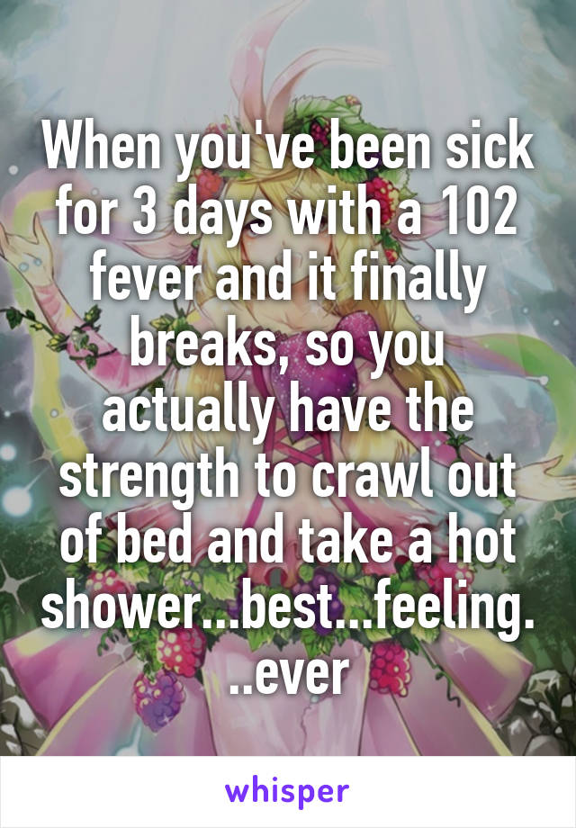 When you've been sick for 3 days with a 102 fever and it finally breaks, so you actually have the strength to crawl out of bed and take a hot shower...best...feeling...ever
