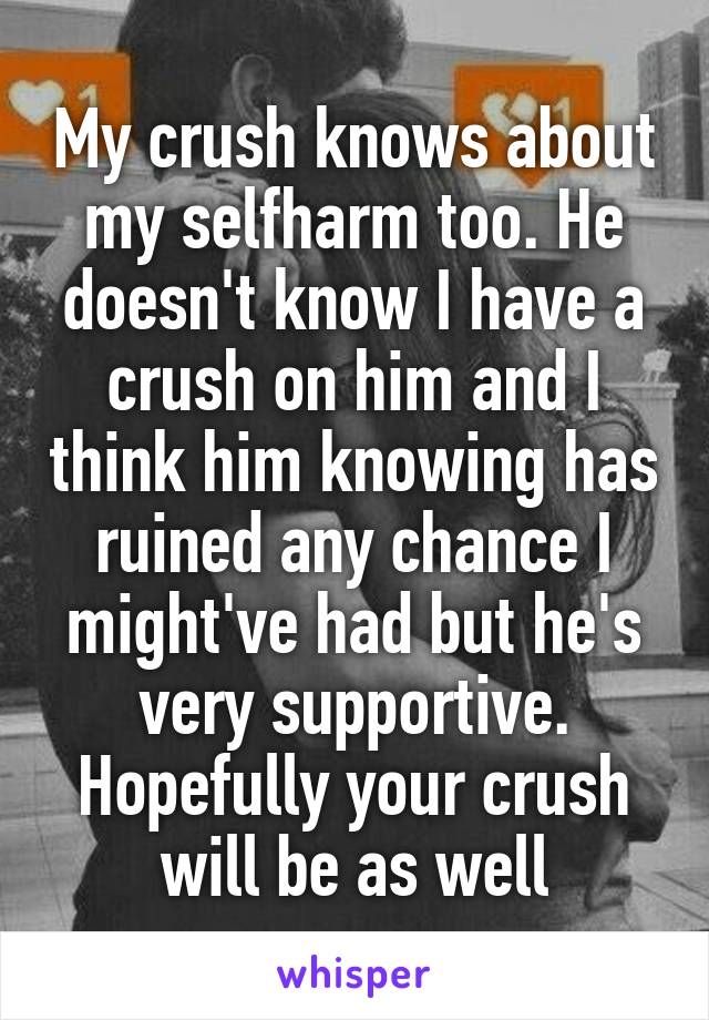 My crush knows about my selfharm too. He doesn't know I have a crush on him and I think him knowing has ruined any chance I might've had but he's very supportive. Hopefully your crush will be as well