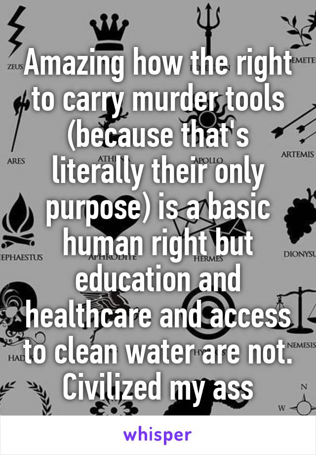 Amazing how the right to carry murder tools (because that's literally their only purpose) is a basic human right but education and healthcare and access to clean water are not. Civilized my ass