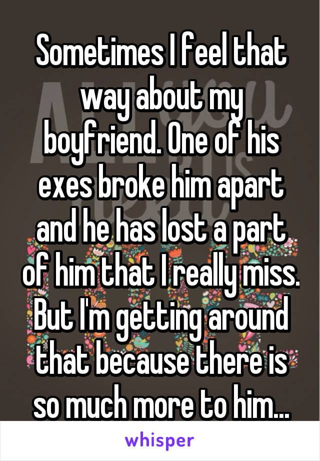 Sometimes I feel that way about my boyfriend. One of his exes broke him apart and he has lost a part of him that I really miss. But I'm getting around that because there is so much more to him...