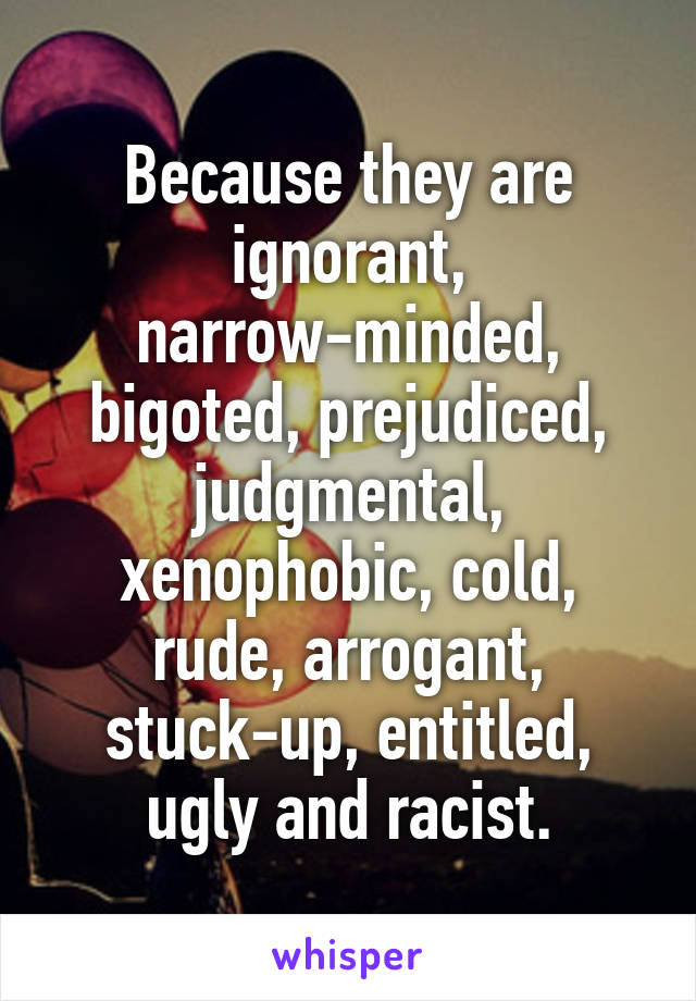 Because they are ignorant, narrow-minded, bigoted, prejudiced, judgmental, xenophobic, cold, rude, arrogant, stuck-up, entitled, ugly and racist.
