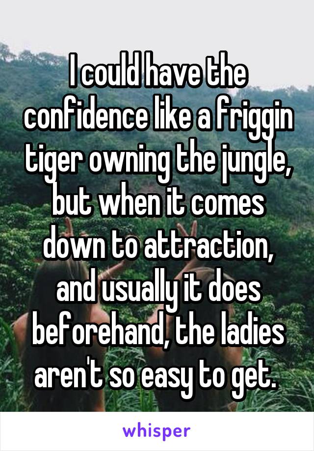 I could have the confidence like a friggin tiger owning the jungle, but when it comes down to attraction, and usually it does beforehand, the ladies aren't so easy to get. 
