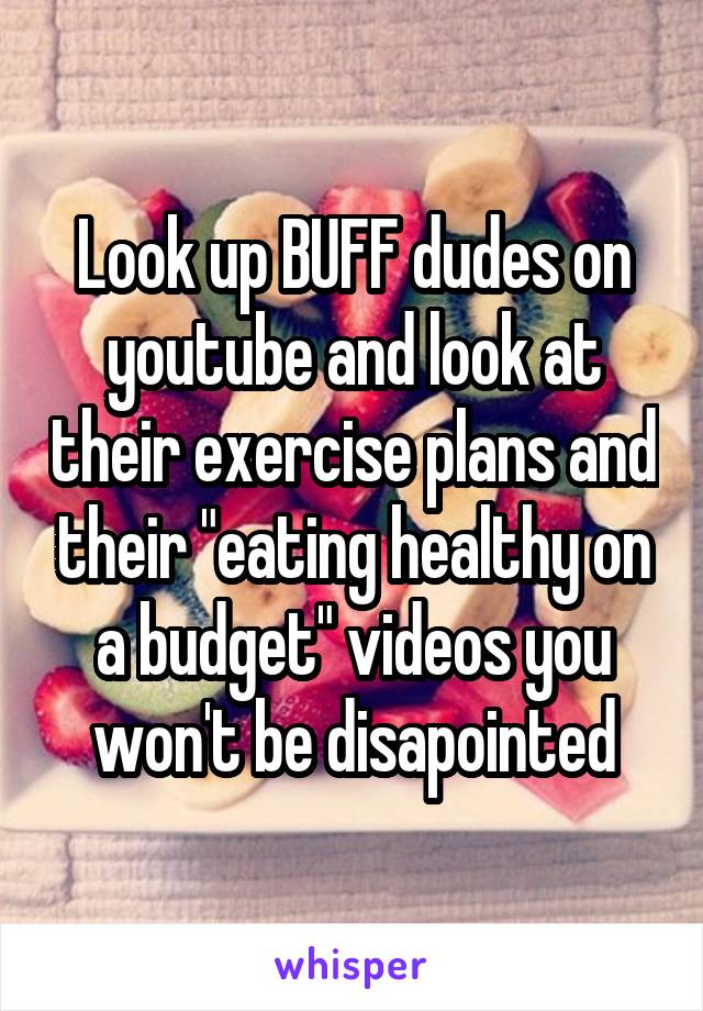 Look up BUFF dudes on youtube and look at their exercise plans and their "eating healthy on a budget" videos you won't be disapointed