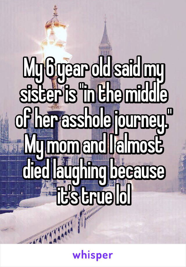 My 6 year old said my sister is "in the middle of her asshole journey." My mom and I almost died laughing because it's true lol