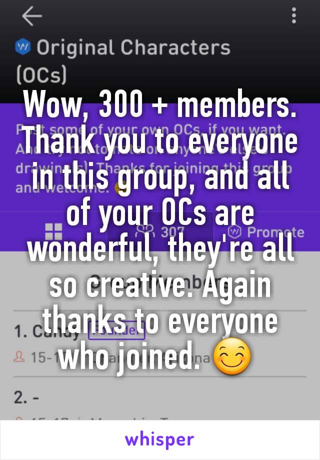 Wow, 300 + members. Thank you to everyone in this group, and all of your OCs are wonderful, they're all so creative. Again thanks to everyone who joined. 😊 
