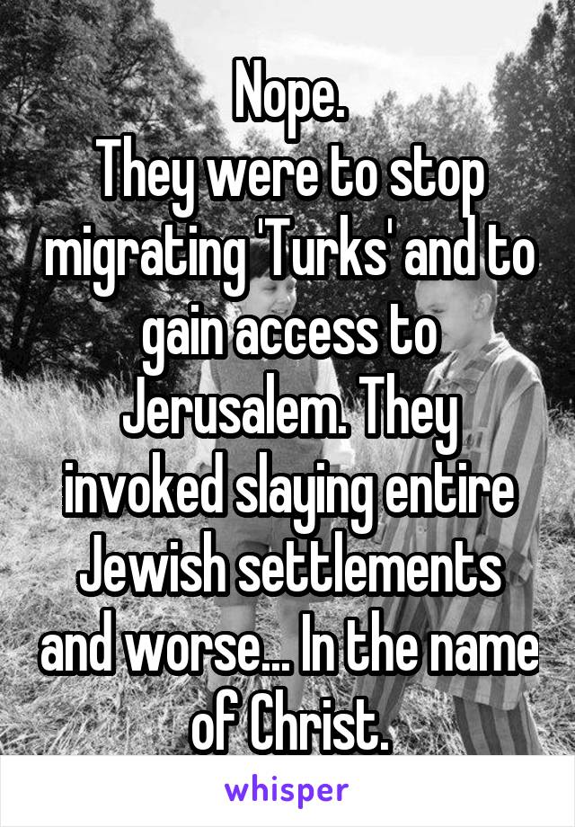 Nope.
They were to stop migrating 'Turks' and to gain access to Jerusalem. They invoked slaying entire Jewish settlements and worse... In the name of Christ.