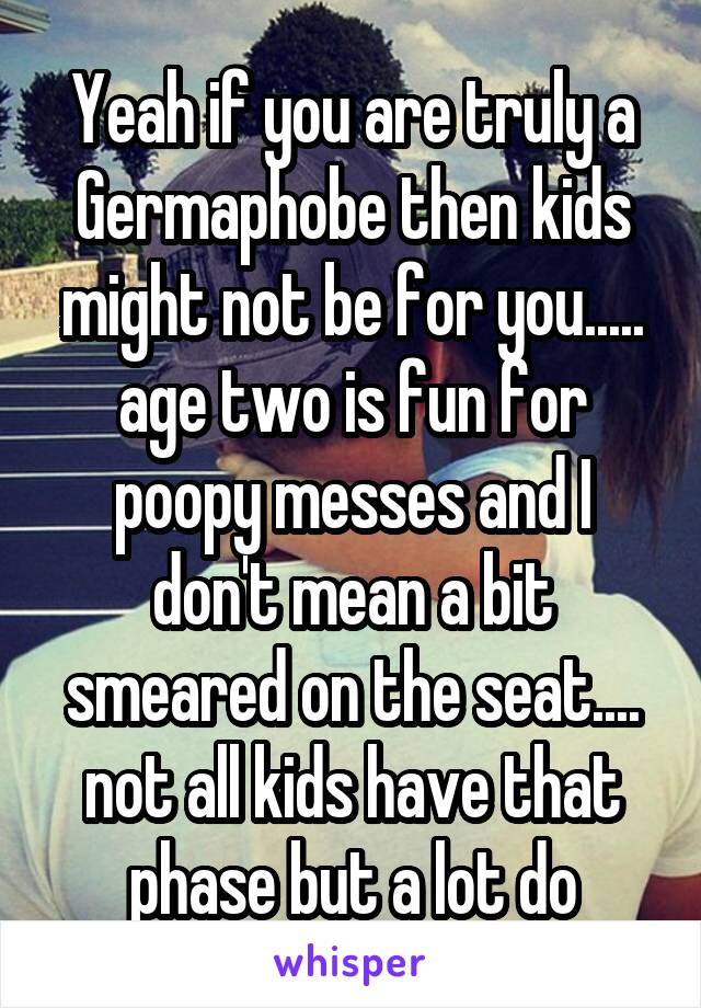 Yeah if you are truly a Germaphobe then kids might not be for you..... age two is fun for poopy messes and I don't mean a bit smeared on the seat.... not all kids have that phase but a lot do