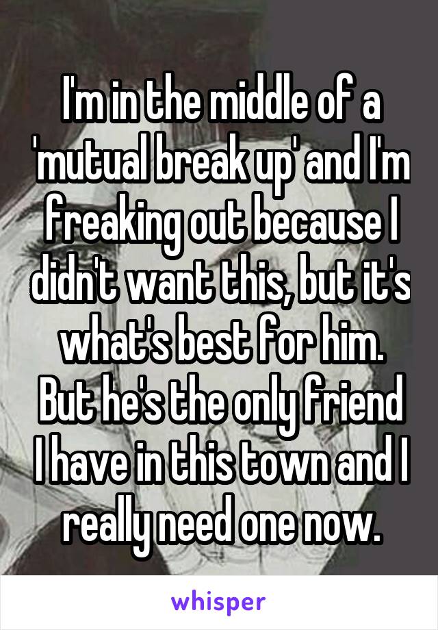 I'm in the middle of a 'mutual break up' and I'm freaking out because I didn't want this, but it's what's best for him.
But he's the only friend I have in this town and I really need one now.
