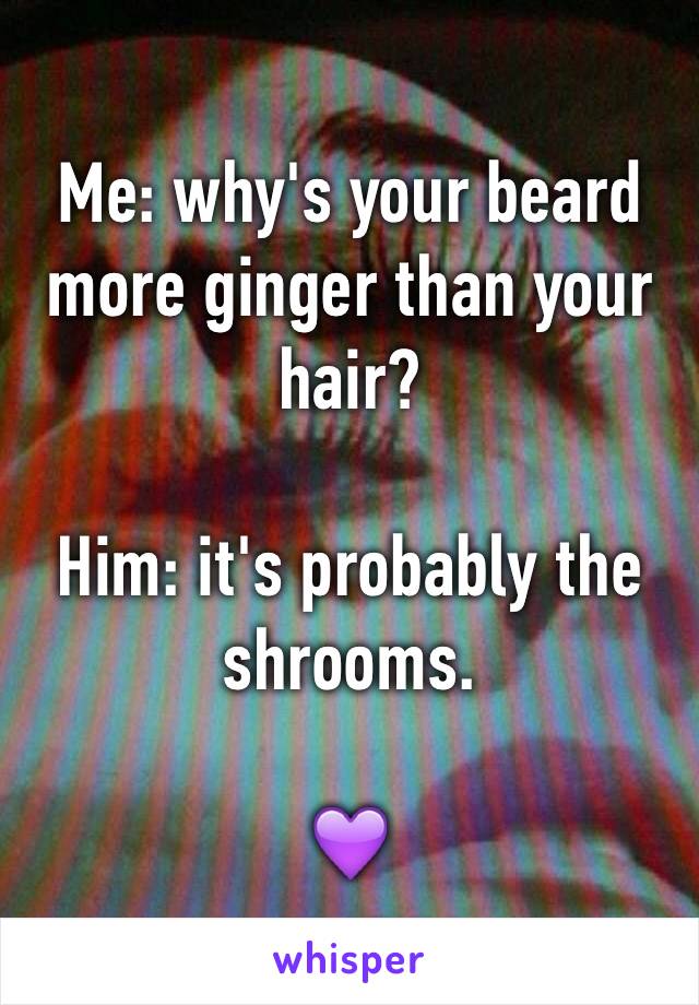 Me: why's your beard more ginger than your hair?

Him: it's probably the shrooms.

💜
