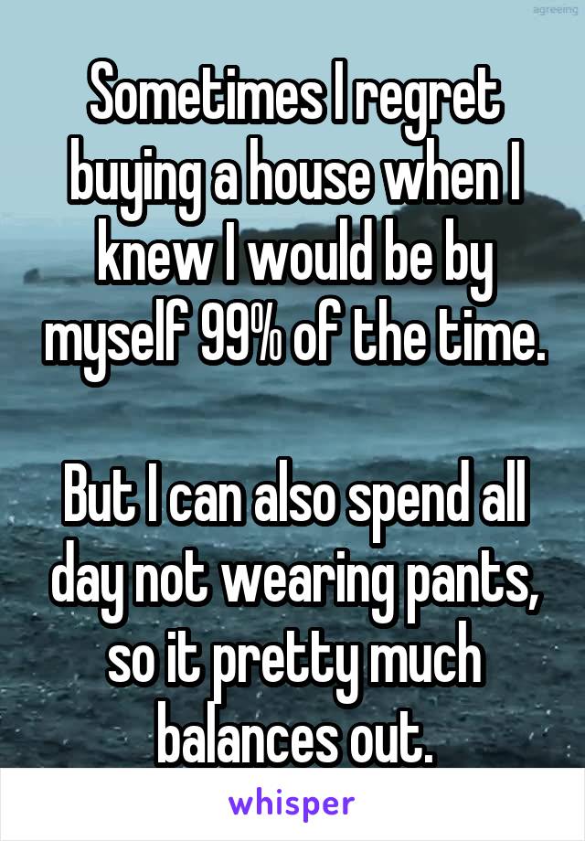 Sometimes I regret buying a house when I knew I would be by myself 99% of the time.

But I can also spend all day not wearing pants, so it pretty much balances out.