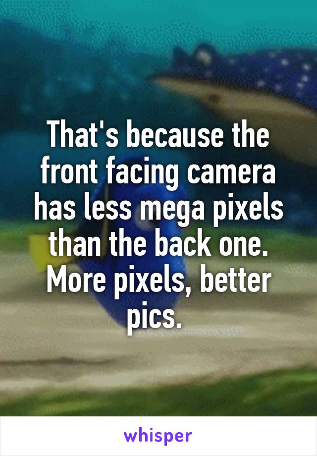 That's because the front facing camera has less mega pixels than the back one. More pixels, better pics. 