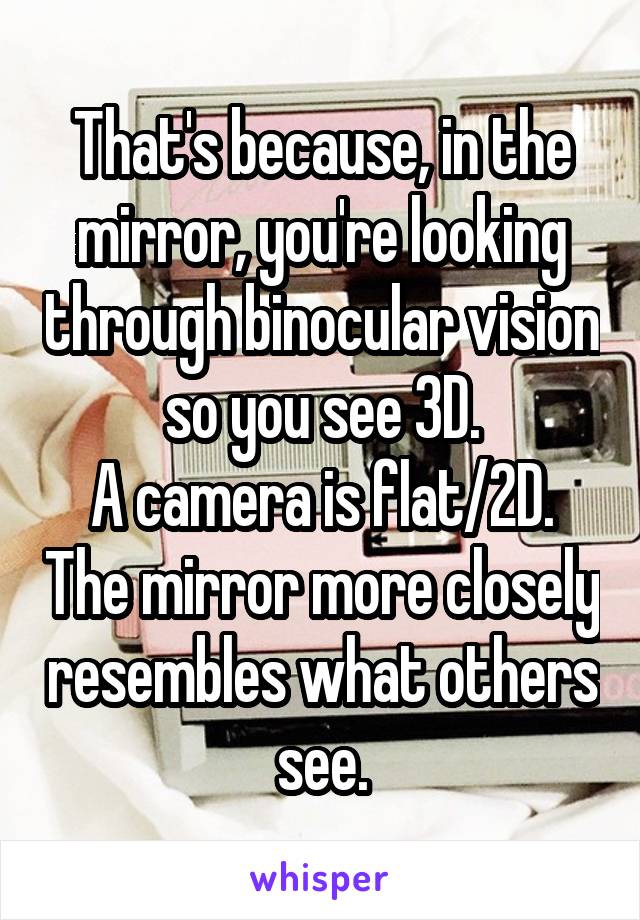 That's because, in the mirror, you're looking through binocular vision so you see 3D.
A camera is flat/2D. The mirror more closely resembles what others see.