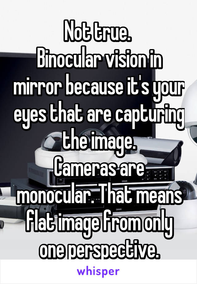 Not true. 
Binocular vision in mirror because it's your eyes that are capturing the image.
Cameras are monocular. That means flat image from only one perspective.