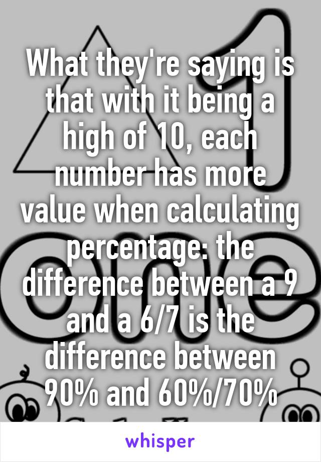 What they're saying is that with it being a high of 10, each number has more value when calculating percentage: the difference between a 9 and a 6/7 is the difference between 90% and 60%/70%