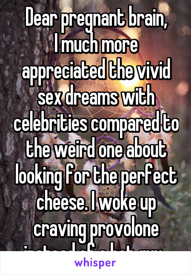 Dear pregnant brain,
I much more appreciated the vivid sex dreams with celebrities compared to the weird one about looking for the perfect cheese. I woke up craving provolone instead of a hot guy. 