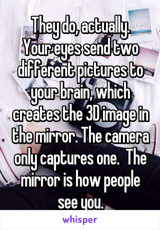 They do, actually.
Your eyes send two different pictures to your brain, which creates the 3D image in the mirror. The camera only captures one.  The mirror is how people see you.