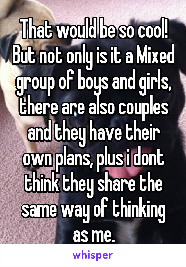 That would be so cool! But not only is it a Mixed group of boys and girls, there are also couples and they have their own plans, plus i dont think they share the same way of thinking as me.