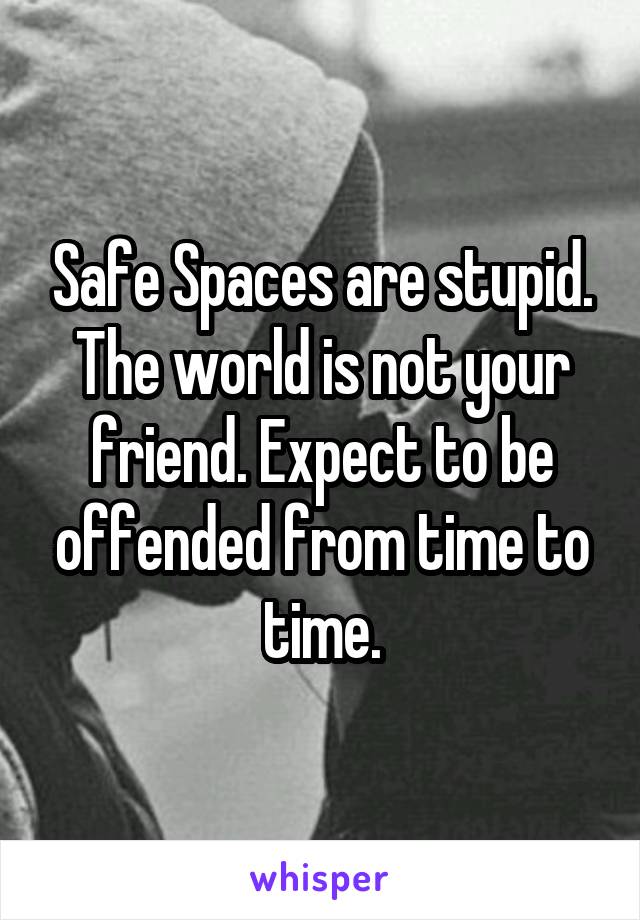 Safe Spaces are stupid. The world is not your friend. Expect to be offended from time to time.