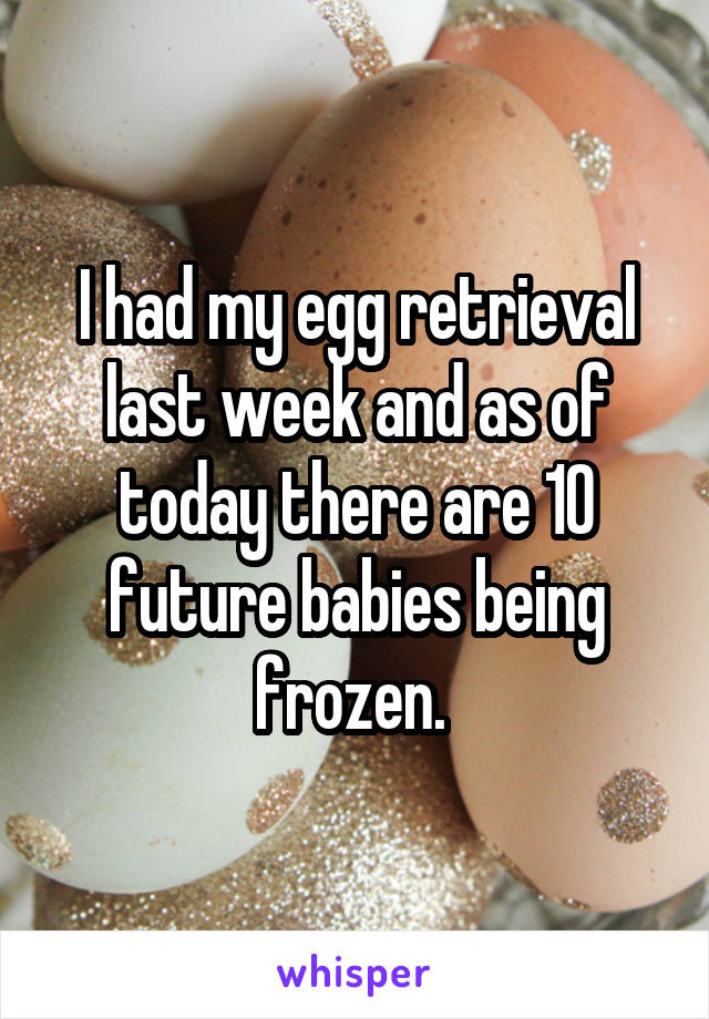 I had my egg retrieval last week and as of today there are 10 future babies being frozen. 