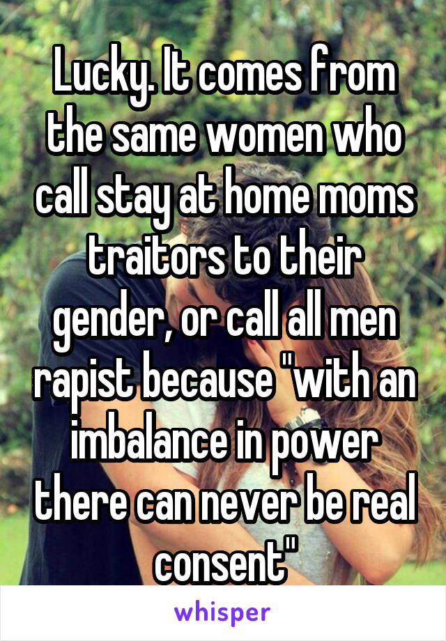 Lucky. It comes from the same women who call stay at home moms traitors to their gender, or call all men rapist because "with an imbalance in power there can never be real consent"