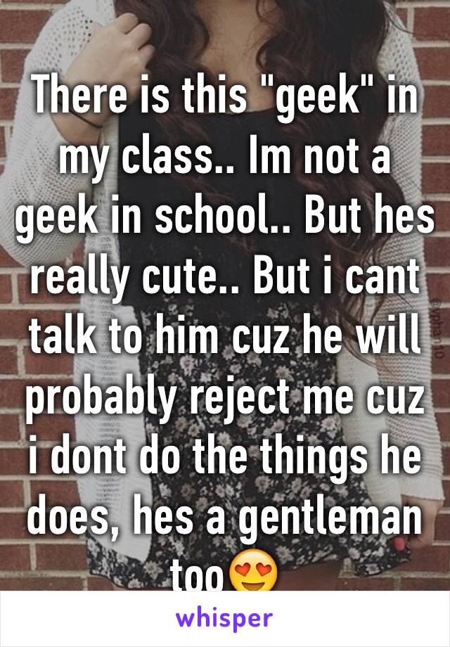 There is this "geek" in my class.. Im not a geek in school.. But hes really cute.. But i cant talk to him cuz he will probably reject me cuz i dont do the things he does, hes a gentleman too😍