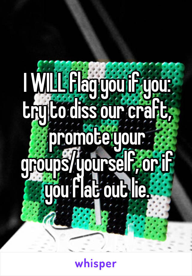 I WILL flag you if you: try to diss our craft, promote your groups/yourself, or if you flat out lie.